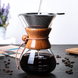 600ml Pour Over Coffee Maker Borosilicate Glass Carafe Reusable Manual Coffee Dripper with Wood Sleeve Clear