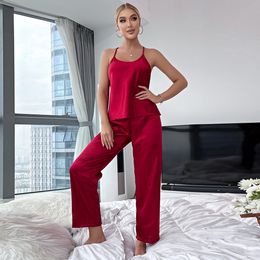 Burgundy Women Sleep Set 2PCS Pajamas Suit Lingerie Loungewear Sleepwear Summer Satin Strap Top&Pants Pyjamas Home Clothing