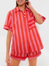 Women's Tracksuits Women Casual Pyjamas Set 2 Pieces Loungewear Suits Stripe Short Sleeve Loose Shirt Tops Shorts Sleepwear Home Suit Night