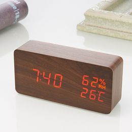 D2 Alarm Clock Digital LED Wooden Watch Table Voice Control Wood Despertador Snooze Time Temperature Display Desktop Clocks Gift