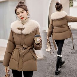 Mid Length Down Jacket for Women in Winter 2023, New Small Stature, Slimming Temperament, Fox Hair, Waistband, Coffee Colored Thick Coat