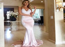 New Beautiful Lace Appliques Backless VNeck Spaghetti Straps Champagne Formal Evening Gowns Satin Mermaid Prom Dress2922180