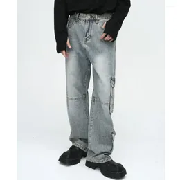 Men's Jeans 2024 Spring Korean Loose Zipper Solid Colour Cotton Hip Hop Vintage Niche Large Pockets Devise High Street