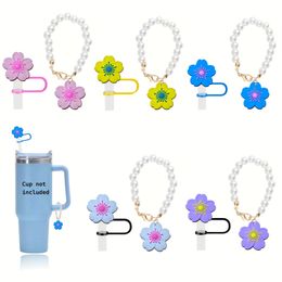 10mm Silicone Straw Accessories Tumbler Accessories Pearl Tumbler Chain Straw Accessories Cute Flower Straw Cap Cup Charms Straw Stopper