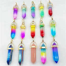 New Natural Gem Stone Quartz Multicoloured Crystal Hexagonal Pendulum Reiki Pendant Charms DIY Jewellery Making Necklaces 24Pcs