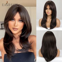 EASIHAIR Medium Length Layered Natural Hair Wig Dark Brown Wavy Synthetic Wigs for Women with Bangs Daily Wigs Heat Resistant 240409