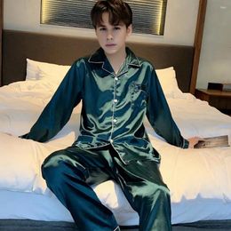 Home Clothing Solid Colour Loungewear Men's Summer Pyjama Set With Long Sleeve Shirt Wide Leg Pants Elastic Waist Pockets For Single