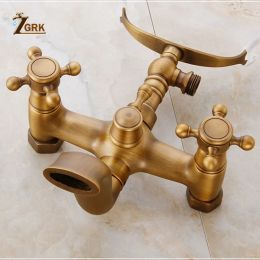 ZGRK Brass Bathroom Faucet Bathtub Faucets Mixer Tap Floor Stand Faucets Telephone Type Hand Shower Antique Bath Shower Set