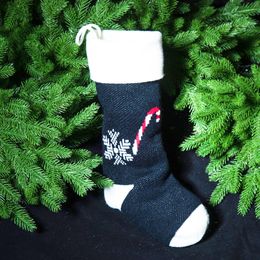 Black Knitted Snowflake Pattern Christmas Socks Children Christmas Candy Cane Gift Bag Plush Christmas Tree Ornaments 1 Piece