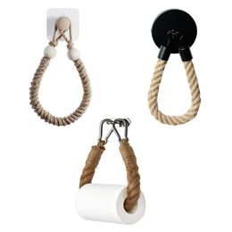 Wall Mounted Toilet Paper Holder Nail-free Hemp Rope Storage Rack Kitchen Bathroom Toilet Paper Holder Retro Towel Storage Rack