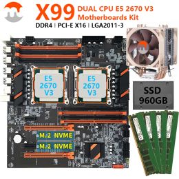 Motherboards MJ X99 Motherboard LGA 20113 Set With Intel Xeon E5 2670 V3 2pcs CPU 64GB=4*16GB DDR4 ECC RAM 2400MHz A400 SSD 980GB Kit