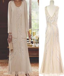 Champagne Chiffon Mother of the Bride Dress Ankle Length Beaded Sequins with Outfit Jacket Plus Size Wedding Guest Dress2436211