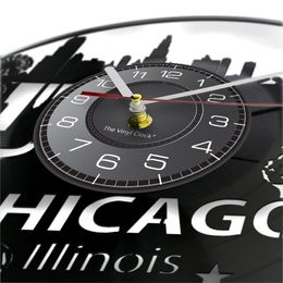 Chicago Cityscape Laser Cut Longplay Wall Clock USA Illinois Cultural Icons Matador Skyline Luminous Wall Watch Travelling Gifts
