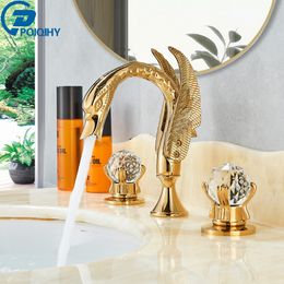 POIQIHY Swan Basin Faucet Deck Mounted Bathroom Vessel Sink Mixer Tap Dual Handles 3 Holes Widespread Golden Bathroom Faucet