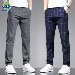 Brand Clothing Spring Summer Plaid Work Stretch Pants Men Business Fashion Slim Grey Blue Party Casual Pant Trousers Male 240328