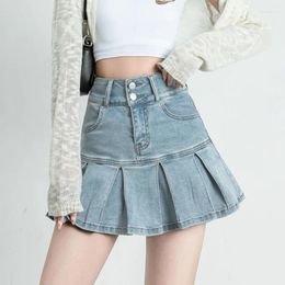 Skirts DEEPTOWN Pleated Denim Skirt Shorts Women Summer Korean Fashion High Waist A-line Slim Cute Sexy Mini Jean Ruffle Female