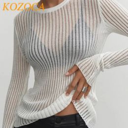 Kozoca Fashion White Elegant Striped See Through Women Tops Outfits Long Sleeve T-Shirts Tees Skinny Club Party Clothes 240410