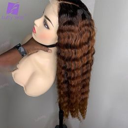 Ombre Coloured T1B/30 Deep Wave Wigs 13x6 Lace Frontal Human Hair Wigs For Woman Remy Brazilian Natural Hairline 180% Luffywig
