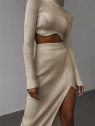 CHRONSTYLE Women 2pcs Spring Fall Knitted Outfits Solid Ribbed High Neck Long Sleeve Sweater Casual Waist Split Skirts 240401