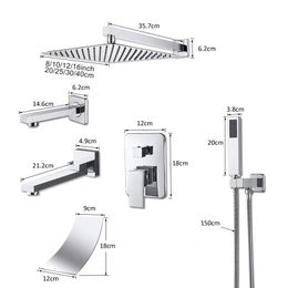 Suguword Chrome Concealed Bathroom Shower Faucet Set 8''10''12''16'' Rainfall Shower Head Wall Mounted Hot and Cold Mixer Tap