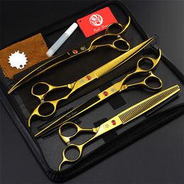 Professional Pet Dog Grooming Scissors 8.0 inch Hair Cutting + Thinning + Curved Shears 440C Straight Scissors 4 PCS Set + Case