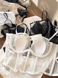 Sexy fishbone vest bra set women eyelashes lace perspective soft steel ring anti-sagging underwear large size out wear lingerie