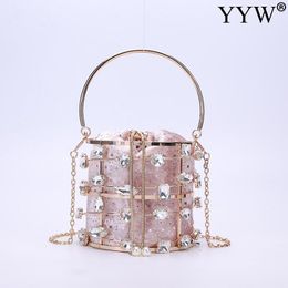 Crystal Basket Evening Bag Women Luxury Flowers Beaded Metallic Cage Pink Clutch Handbags And Purses Wedding Party Bolsos Mujer