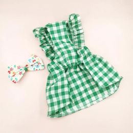 Dog Apparel Pet Dress With Plaid Print Washable Durable Clothing Set Sleeves Headdress Clothes Skirt For Summer
