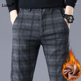 Men's Pants Male Clothes Casual Fashion Plus Fleece Plaid 2024 Autumn Winter All-match Comfortable Thick Slim Pencil Trousers