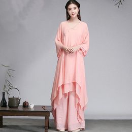 Traditional Chinese Women Blouses Linen Tops Yoga Set Pants Retro Long Cheongsam Tai Chi Uniform Breathable Casual Hanfu 11609