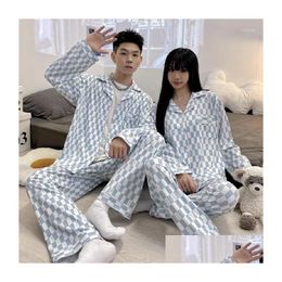 Womens Sleepwear Spring Style Couple Pyjamas Cotton Imitation Long Sleeve Autumn Cardigan Small Lapel Casual Large Mens Home Suit Drop Dhqmk