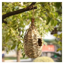 1pc Stylish Straw Bird Hut Exquisite Woven Bird Cage Natural Handmade Hanging Bird House Creative Bird Nest Khaki Pet Supplies