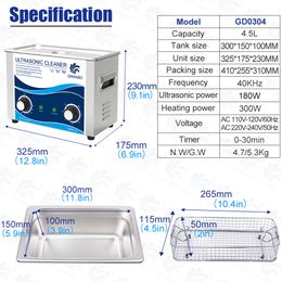 Electric Ultrasonic Cleaner 4.5L 180W Quality Transducer Commercial Wash Machine Spark Plug Screw Nail Dental Tool Cleaning Bath