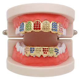 Party Cosplay Hiphop Accessories CZ Crystal Bio Copper Gold Teeth Grillz Caps Top Bottom With Red Black Cross Charm Grill Sets Tooth Socke