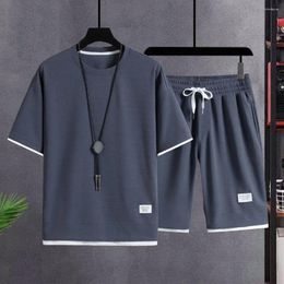 Men's Tracksuits Men Sportswear O-neck Short Sleeve T-shirt Wide Leg Shorts Set With Elastic Drawstring Waist Waffle Texture Sport Outfit 2