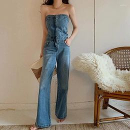 Womens Jeans Elegant Strapless Sleeveless Full Length Blue Backless Tube Top Denim Jumpsuit High Waist Wide Leg Overalls