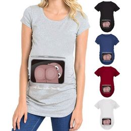 Maternity T-shirt Top Easy Match Soft Wear Delicate Edging Short Sleeve Funny Butt Top Maternity Top for Daily