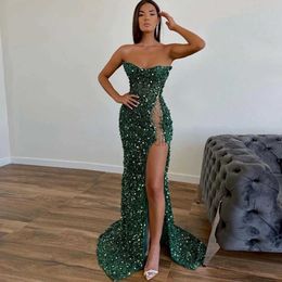 Urban Sexy Dresses Sexy Green Gown with Slit Sequins Beaded Mermaid Floor-Length Prom Dress for Women 240410