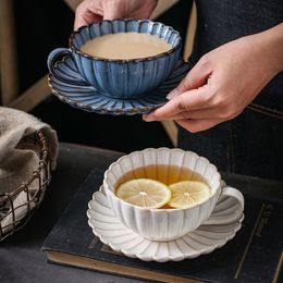 Ceramic Coffee Cup Saucer Set Japanese Home Kiln Turned Retro Teacup Milk Mug Chrysanthemum Plate Saucer Cafe Hand Made Coffee