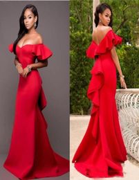 Sexy Red Mermaid Prom Dresses Off Shoulder Ruffles Open Back Long Cheap Simple Fitted Formal Evening Gowns Black Girls Special Par6722234