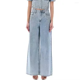 Women's Jeans 2024 Spring Summer Women Versatile Washed Light Blue High-Waist A-Line Wide-Leg Diamond