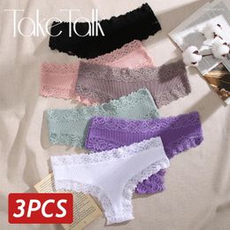 Women's Panties 3PCS Sexy Lace Women Cotton Underwear Low Rise Solid Colour Brazilian High Elastic Breathable Underpants Lingerie