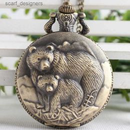 Pocket Watches Vintage Bronze Bear Raccoon Quartz Pocket Simulation Pendant Necklace Mens and Womens Necklace Childrens Gift CF1057 Y240410