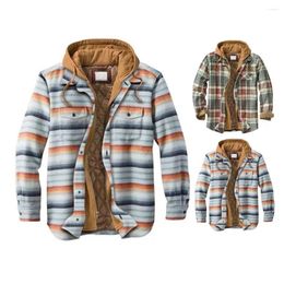 Men's Jackets Men Fall Coat Plaid Print Hooded Winter With Drawstring Patch Pockets Thick Warm Stylish Mid-length Jacket For Cold