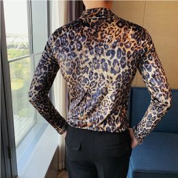 Autumn Winter High Neck Velour T Shirt Top Quality Men Slim Casual Leopard Print Tees Long Sleeve High Quality Social Tees Tops