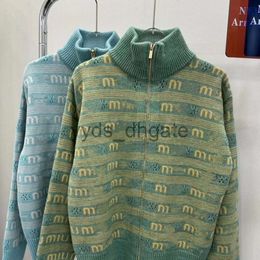 Mivmiv knitwear women womens designer sweater fashion jacquard letter striped graphic cardigan jacket casual stand collar zipper Sweater C3YG