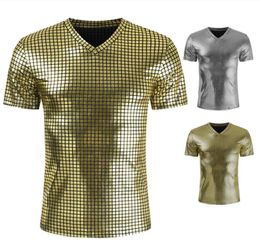 Men039s TShirts Gold Silver Plaid Metallic Nightclub Wear Tshirt Men Sexy New Disco Party Stage Prom Tshirts Men Slim Fit V Ne7820191