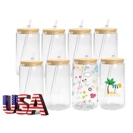 Mugs 50pack USA Warehouse 16oz Mason Sublimation Glass Soda Pop Can Shaped Sublimation Glass Cans with bamboo lid and straw 240410