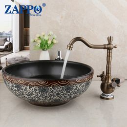 ZAPPO Bathroom Washbasin Ceramic Basin Sink Round Bowl Sinks Vessel Basin Bathroom Antique Brass Basin Mixer Faucet