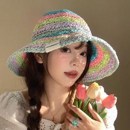 Korean Colorful Hollow Woven Straw Caps for Women Summer Seaside Beach Vacation Dopamine Sweet Versatile Sunscreen Bucket Hats240410